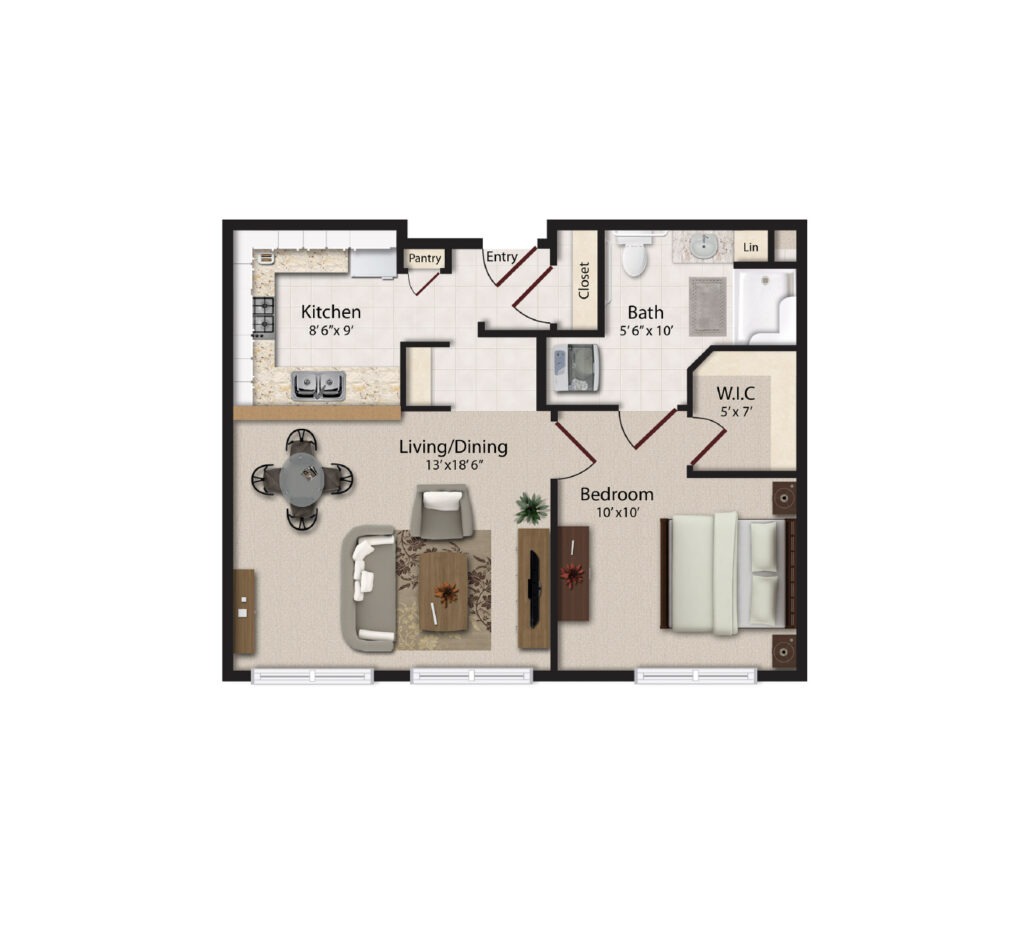 Dirigo Pines layout includes an aerial 3D rendering of a 1 bedroom, 1 bath apartment with a full kitchen, and combined dining and living room.