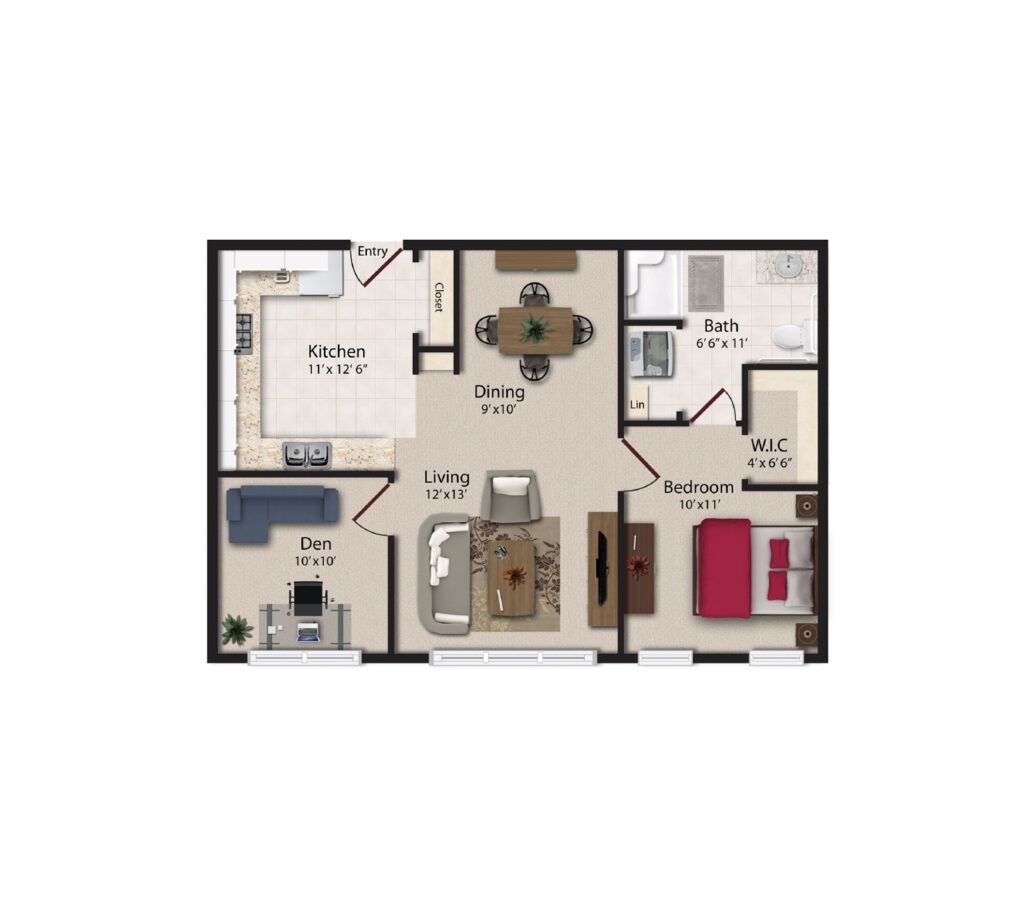 Dirigo Pines layout includes an aerial 3D rendering of a 1 bedroom, 1 bath apartment with a full kitchen, dining area, and living room. Plus a bonus den area.