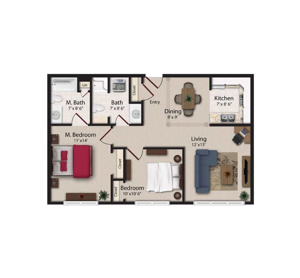 Dirigo Pines layout includes an aerial 3D rendering of a 2 bedroom, 2 bath apartment with a full kitchen, dining area, and living room.