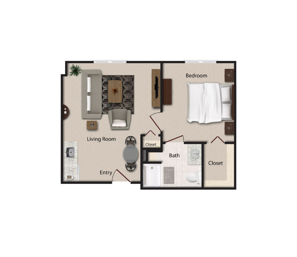 Dirigo Pines layout includes an aerial 3D rendering of a 1 bedroom, 1 bath apartment with a kitchenette, and combined dining and living room.