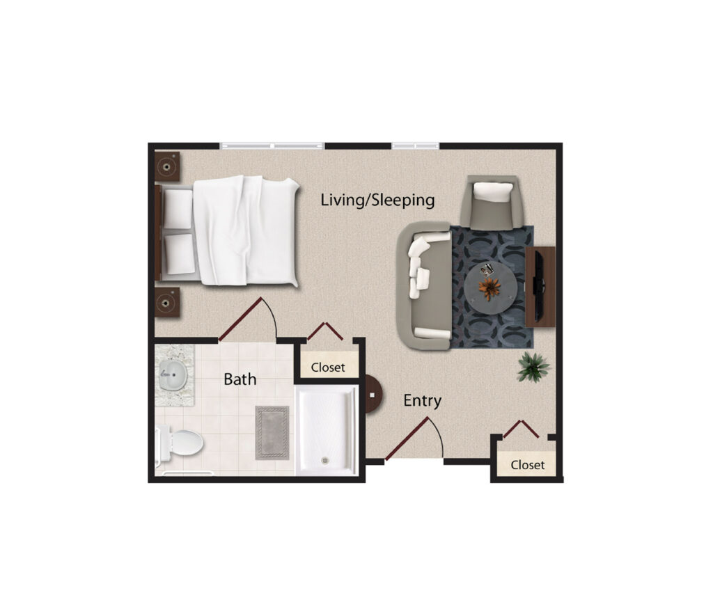 Dirigo Pines layout includes an aerial 3D rendering of a studio apartment with a sleeping area, a living area, and a full bathroom.
