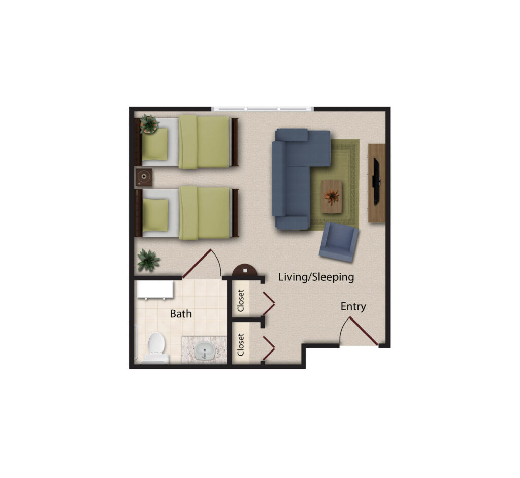 Dirigo Pines layout includes an aerial 3D rendering of a studio apartment with a double sleeping area for two beds, a living area, and a full bathroom.