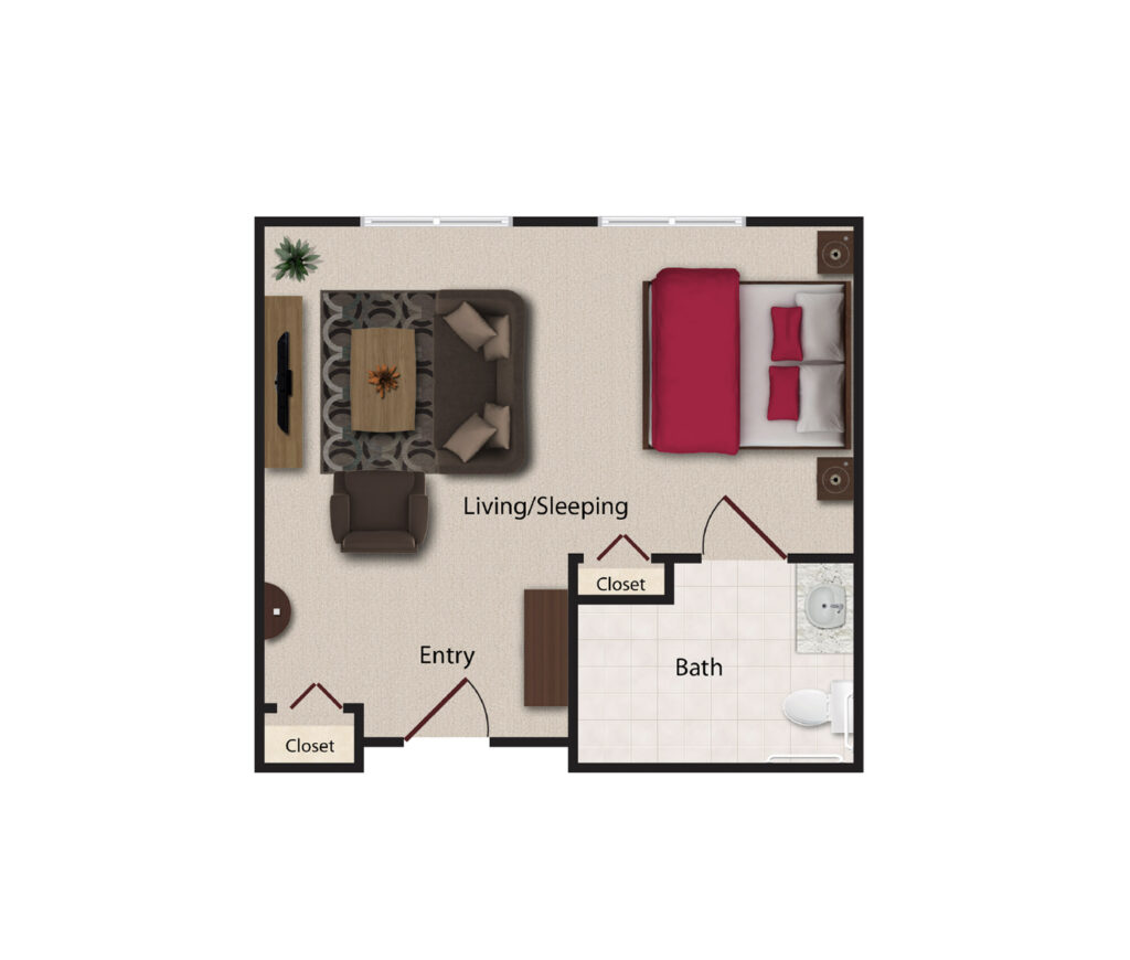 Dirigo Pines layout includes an aerial 3D rendering of a studio apartment with a sleeping area, a living area, and a full bathroom.