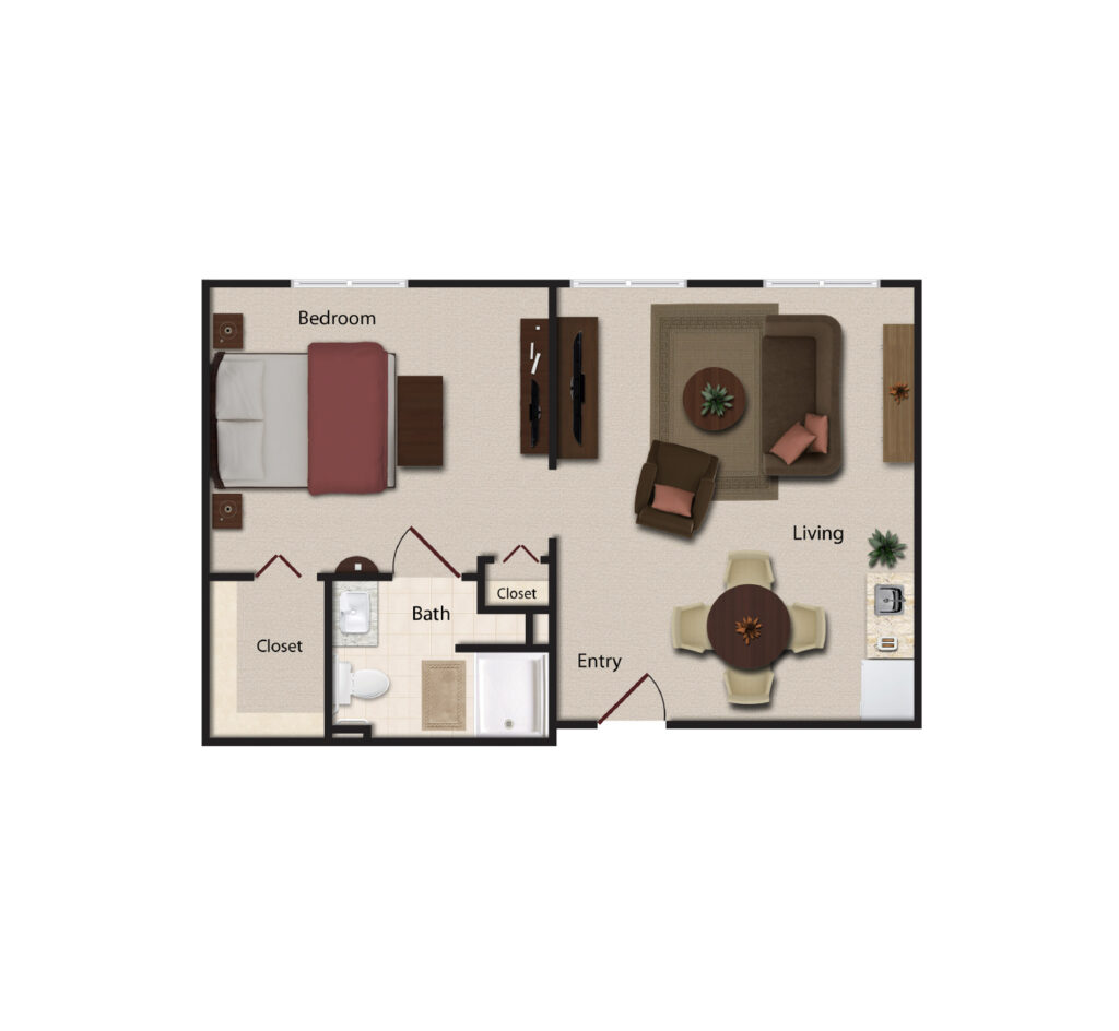 Dirigo Pines layout includes an aerial 3D rendering of a 1 bedroom, 1 bath apartment with a kitchenette, and combined dining and living room.