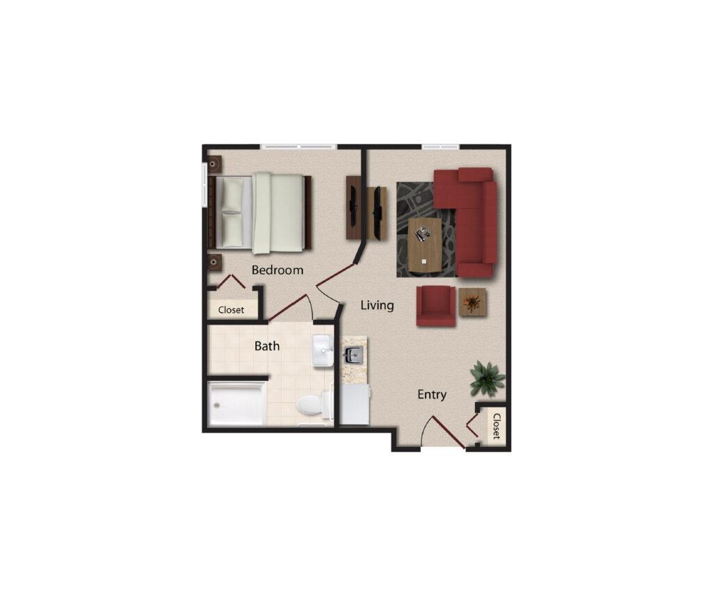 Dirigo Pines layout includes an aerial 3D rendering of a 1 bedroom, 1 bath apartment with a kitchenette, and combined dining and living room.