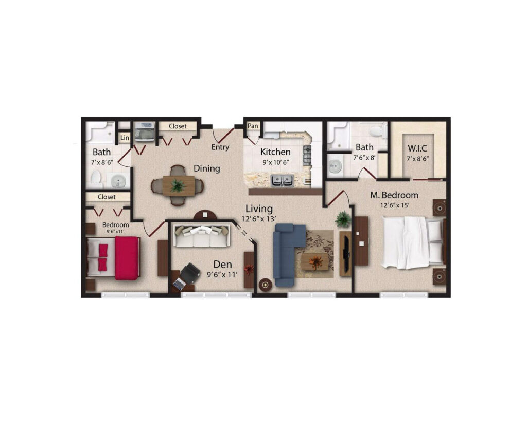Dirigo Pines layout includes an aerial 3D rendering of a 2 bedroom, 2 bath apartment with a full kitchen, dining area, and living room. Plus a bonus den area.