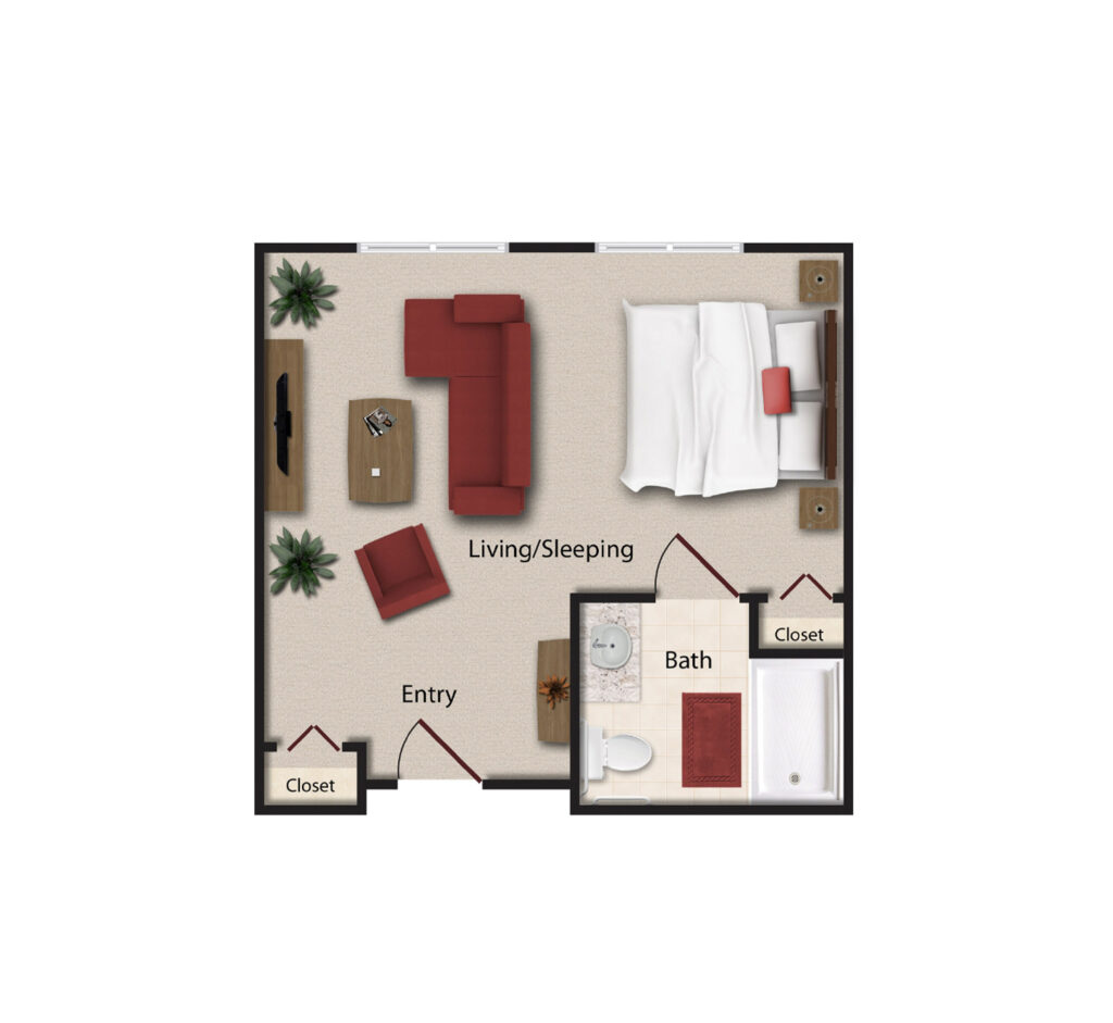 Dirigo Pines layout includes an aerial 3D rendering of a studio apartment with a sleeping area, a living area, and a full bathroom.