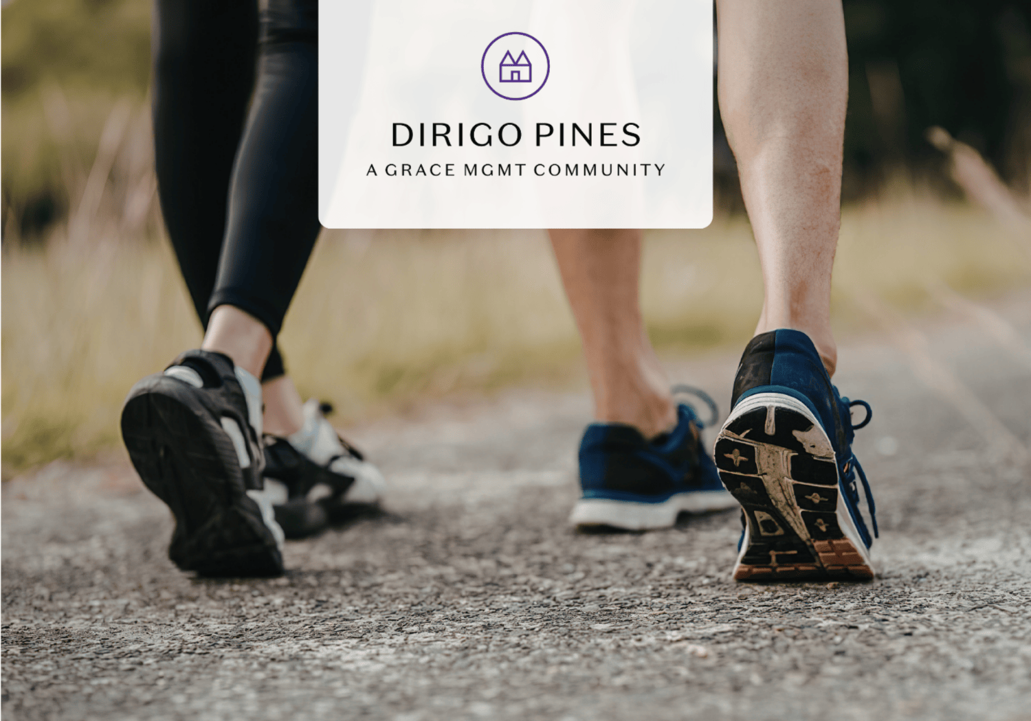 Banner with Dirigo Pines logo and text 'A Grace MGMT Community' over a path with two runners' legs visible in the foreground.