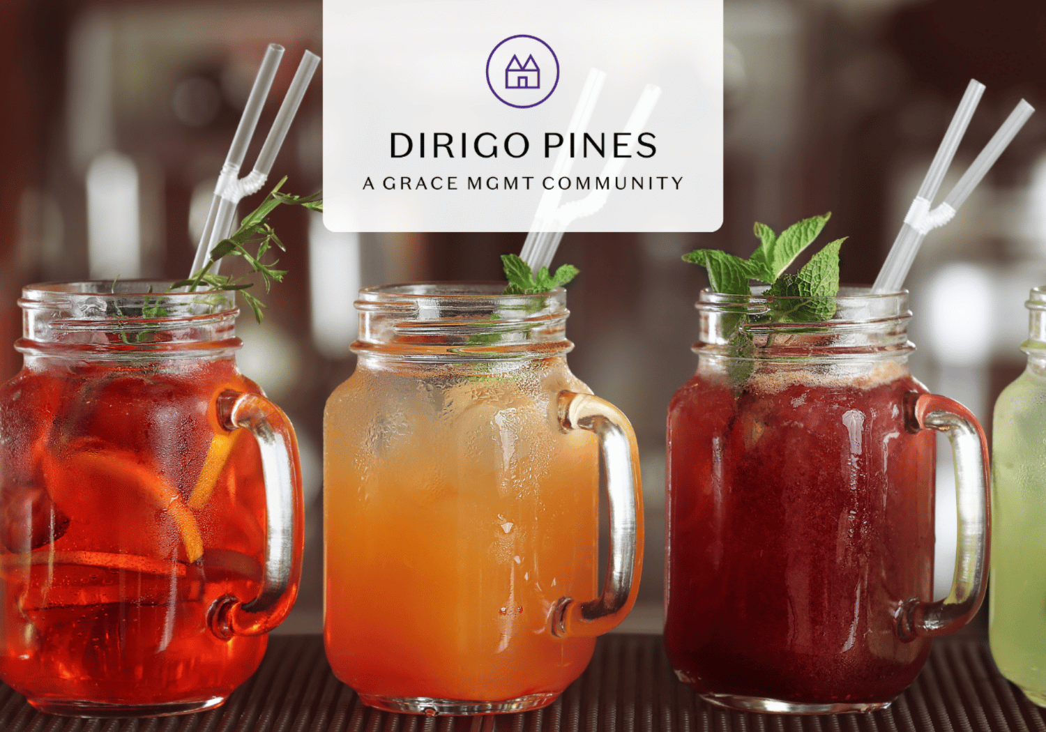 Three mason jar iced drinks with mint garnish and straws on a bar, blurred background, and a centered logo banner reading Dirigo Pines.