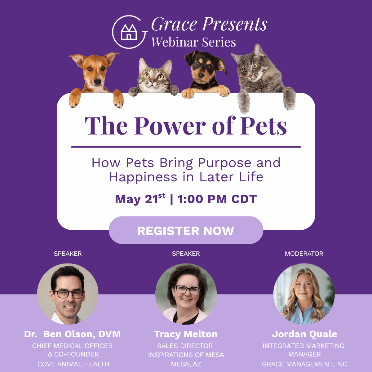 Grace Presents Webinar Series poster featuring four pets over a white rounded banner reading 'The Power of Pets' with a 'REGISTER NOW' button; purple background.