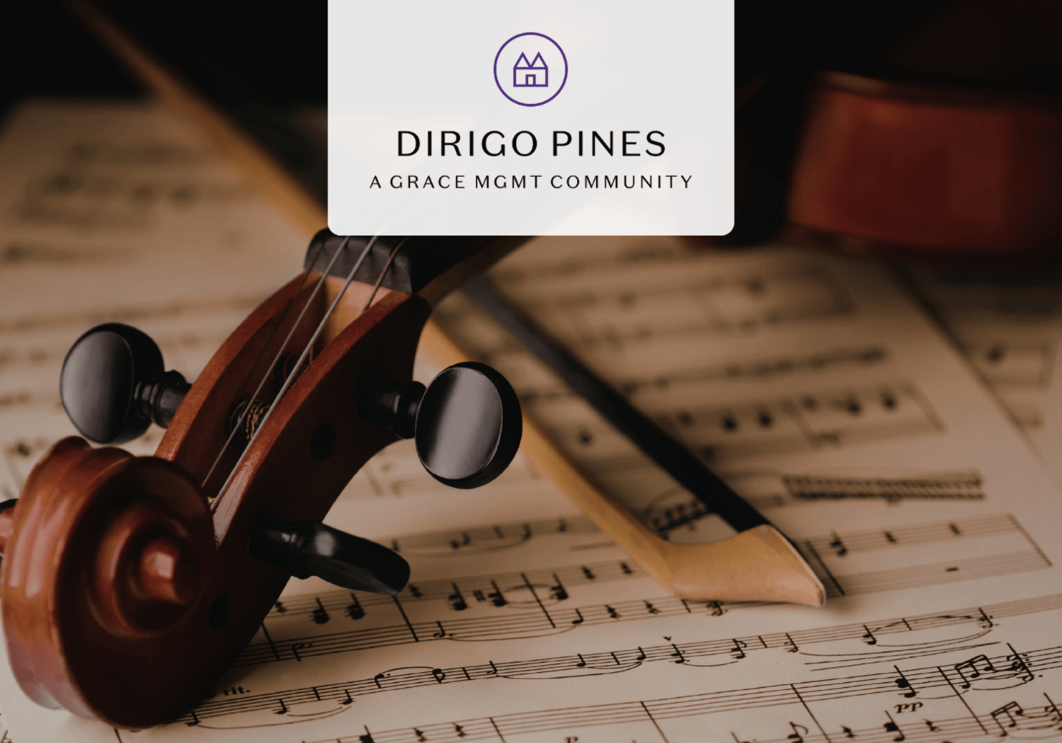 Close-up of a violin headstock resting on sheet music, with a translucent Dirigo Pines logo overlay.