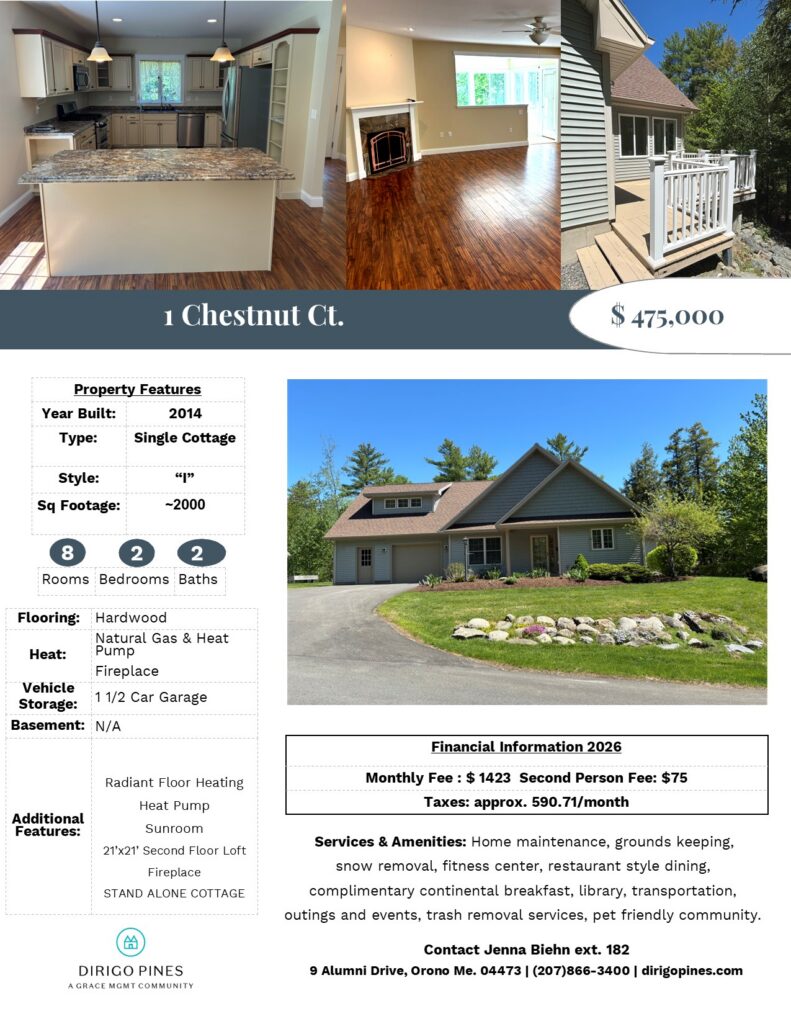 Collage of interior kitchen, living room with fireplace, deck, and exterior of a home for sale at 1 Chestnut Ct, $475,000 .
