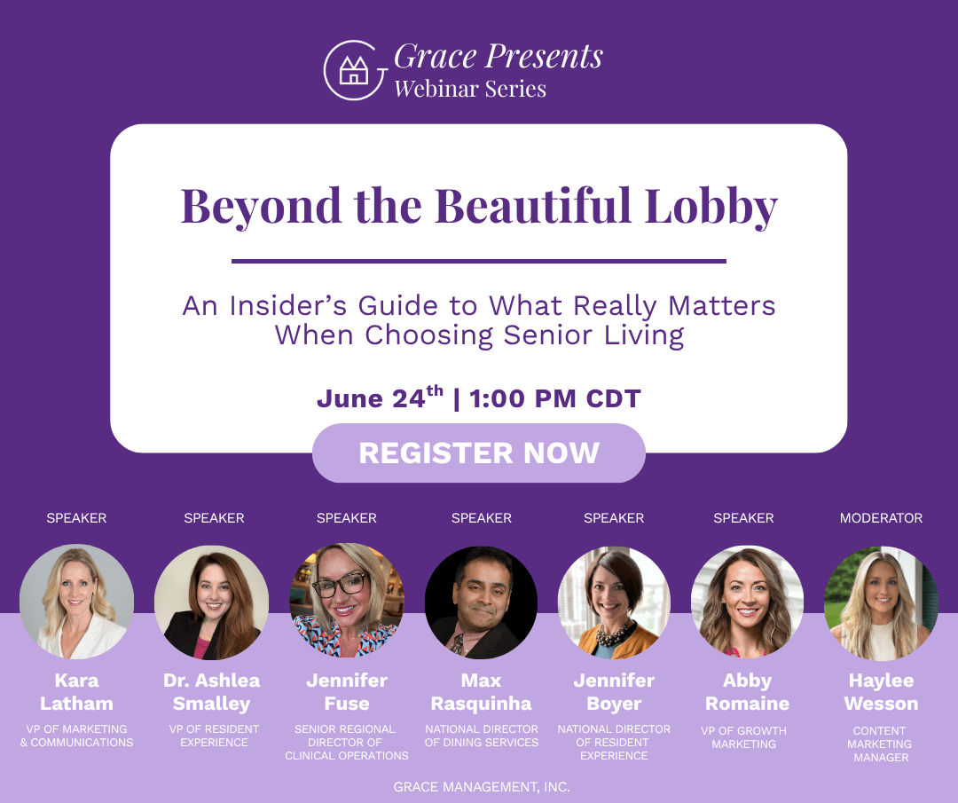 Grace Presents Webinar Series poster for 'Beyond the Beautiful Lobby,' June 24, 1:00 PM CDT, with a 'REGISTER NOW' button and seven speaker profiles plus a moderator below a purple banner.