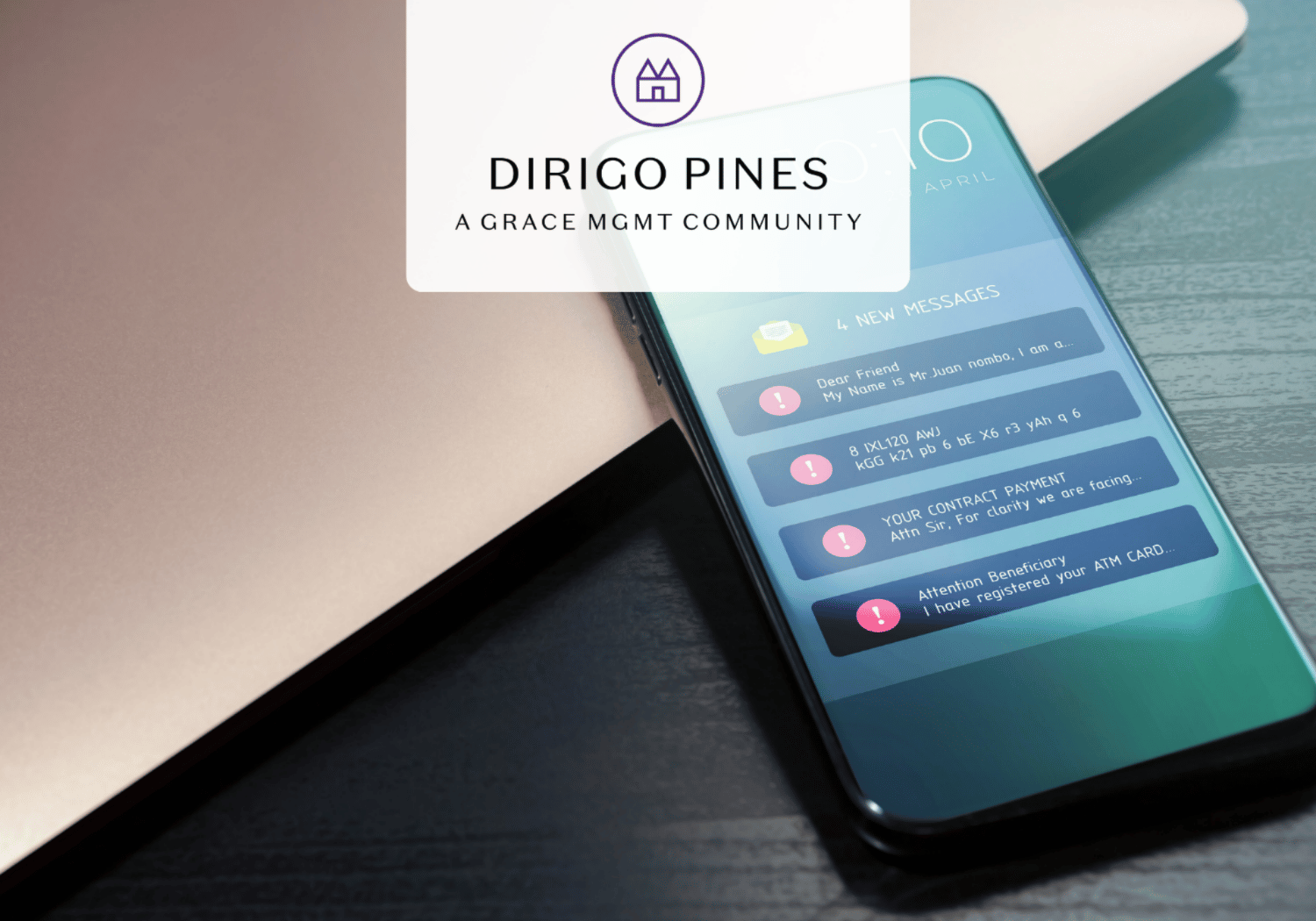 Smartphone showing multiple notifications with a branding card overlay that reads 'DIRIGO PINES – A GRACE MGMT COMMUNITY'